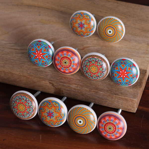 10 Hand-Painted Ceramic Knobs with Moroccan-Style Designs, 'Moroccan Style' 10 Hand-Painted Ceramic Knobs with Moroccan-Style Designs, 'Moroccan Style'