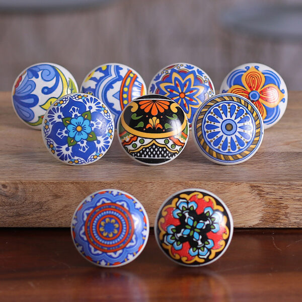 9 Ceramic Knobs with Hand-Painted Floral and Leaf Motifs, 'Harmonious Beauty' 9 Ceramic Knobs with Hand-Painted Floral and Leaf Motifs, 'Harmonious Beauty'