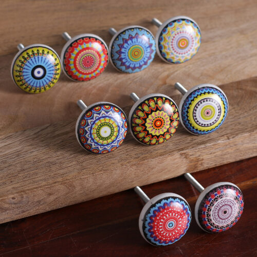 9 Hand-Painted Ceramic Knobs with Moroccan-Style Motifs, 'Moroccan Glory' 9 Hand-Painted Ceramic Knobs with Moroccan-Style Motifs, 'Moroccan Glory'