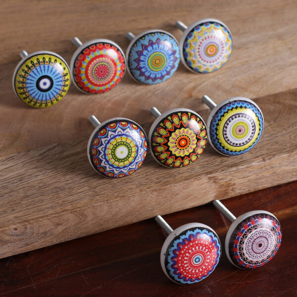 9 Hand-Painted Ceramic Knobs with Moroccan-Style Motifs, 'Moroccan Glory' 9 Hand-Painted Ceramic Knobs with Moroccan-Style Motifs, 'Moroccan Glory'