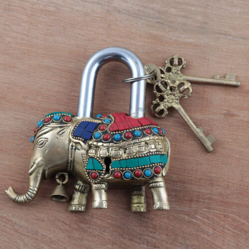Artisan Crafted Brass Elephant Lock and Key Set , 'Festive Elephant' Artisan Crafted Brass Elephant Lock and Key Set , 'Festive Elephant'