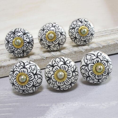 Black and White Floral Ceramic Knobs from India (Set of 6), 'Intricate Blossoms' Black and White Floral Ceramic Knobs from India (Set of 6), 'Intricate Blossoms'