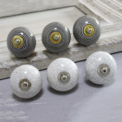 Black and White Modern Ceramic Knobs from India (Set of 6), 'Modern Homestead' Black and White Modern Ceramic Knobs from India (Set of 6), 'Modern Homestead'