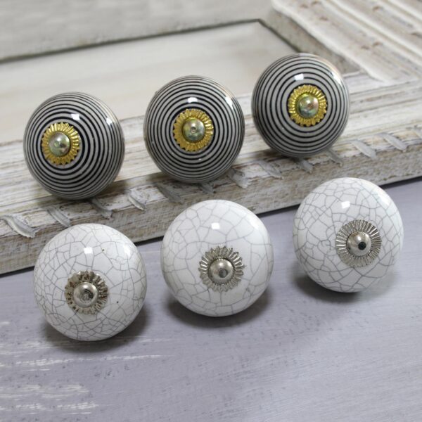 Black and White Modern Ceramic Knobs from India (Set of 6), 'Modern Homestead' Black and White Modern Ceramic Knobs from India (Set of 6), 'Modern Homestead'