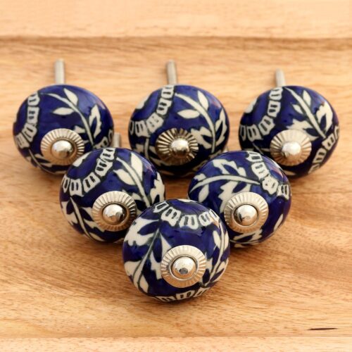 Blue Floral Ceramic Knobs from India (Set of 6), 'Blue Homestead' Blue Floral Ceramic Knobs from India (Set of 6), 'Blue Homestead'