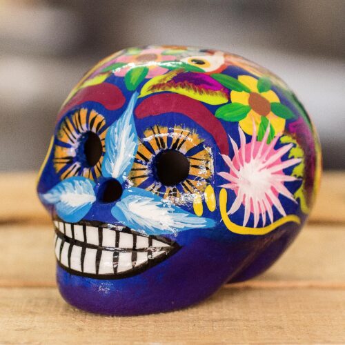 Blue Handcrafted Ceramic Figurine, 'Skull with Macaws in Blue' Blue Handcrafted Ceramic Figurine, 'Skull with Macaws in Blue'