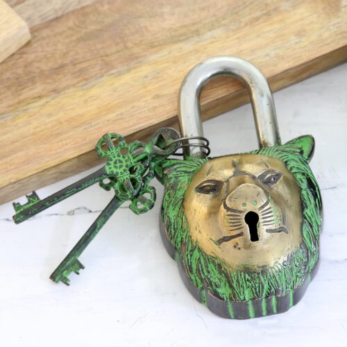 Brass Lock and Key Set with Lion Motif (3 Pieces), 'Hear Me Roar' Brass Lock and Key Set with Lion Motif (3 Pieces), 'Hear Me Roar'