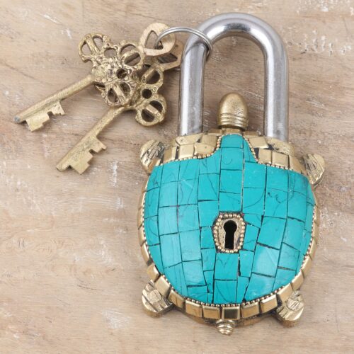 Brass Lock and Key Set with Turtle Motif (3 Pieces), 'Playing Safe' Brass Lock and Key Set with Turtle Motif (3 Pieces), 'Playing Safe'