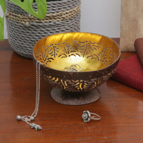 Brown and Golden Coconut Shell Catchall Hand-Carved in Bali, 'Shapes of Hope' Brown and Golden Coconut Shell Catchall Hand-Carved in Bali, 'Shapes of Hope'