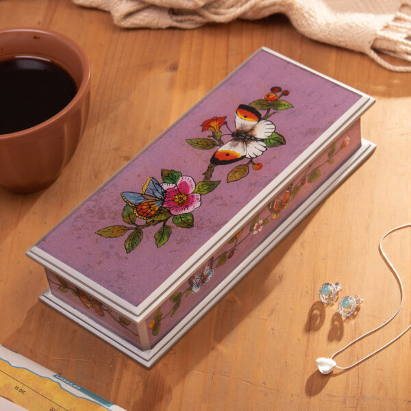 Butterfly Reverse-Painted Glass Decorative Box with Flowers, 'Floral Transformation' Butterfly Reverse-Painted Glass Decorative Box with Flowers, 'Floral Transformation'