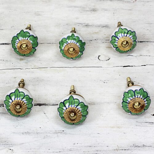 Ceramic Cabinet Knobs Floral Green White (Set of 6) India, 'Green Flowers' Ceramic Cabinet Knobs Floral Green White (Set of 6) India, 'Green Flowers'