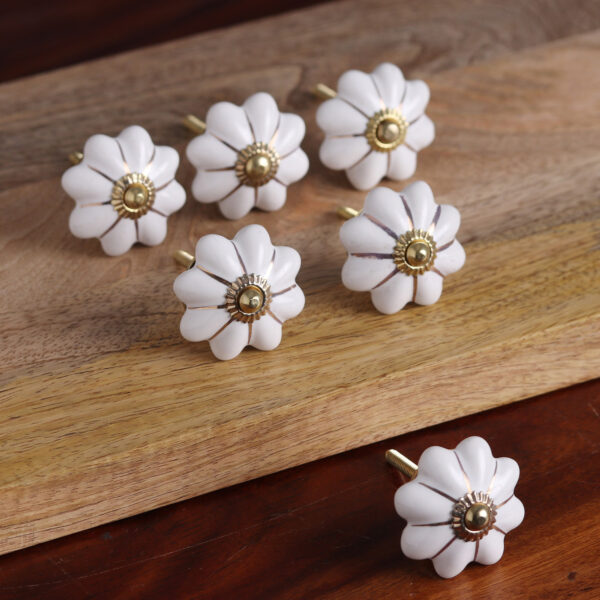 Ceramic Cabinet Knobs Floral Off-White (Set of 6) India, 'Pale Floral Beauties' Ceramic Cabinet Knobs Floral Off-White (Set of 6) India, 'Pale Floral Beauties'