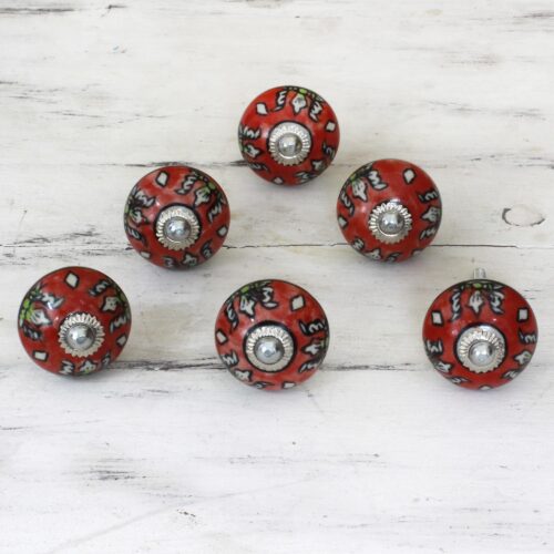 Ceramic Cabinet Knobs Floral Red (Set of 6) from India, 'Charming Red Flowers' Ceramic Cabinet Knobs Floral Red (Set of 6) from India, 'Charming Red Flowers'