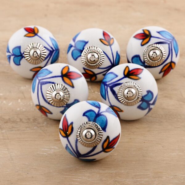Ceramic Cabinet Knobs Floral (Set of 6) from India, 'Vibrant Beauty' Ceramic Cabinet Knobs Floral (Set of 6) from India, 'Vibrant Beauty'