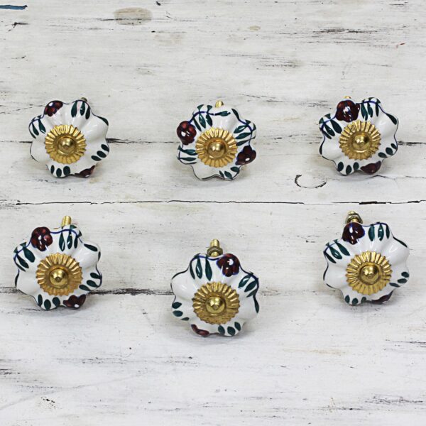 Ceramic Cabinet Knobs Floral White (Set of 6) from India, 'Floral Sunshine' Ceramic Cabinet Knobs Floral White (Set of 6) from India, 'Floral Sunshine'