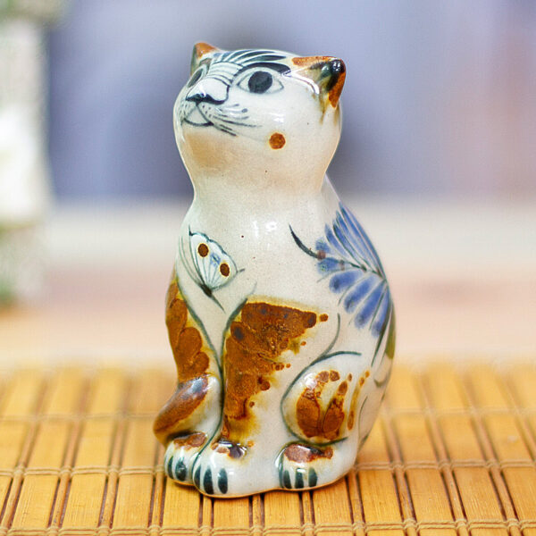 Ceramic Cat Figurine Crafted and Painted by Hand in Mexico, 'Traditional Cat with Dove'