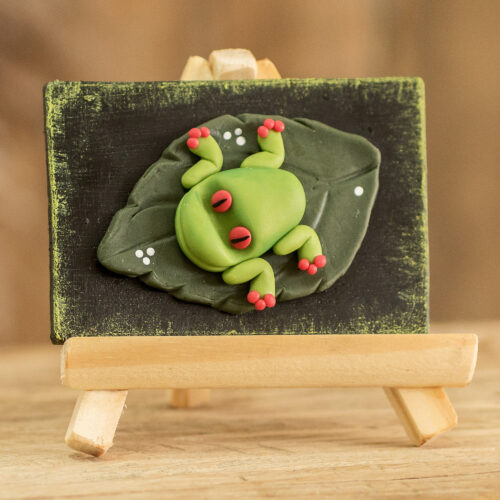 Cold Porcelain Frog Decorative Accent with Pinewood Easel, 'Exotic Frog' Cold Porcelain Frog Decorative Accent with Pinewood Easel, 'Exotic Frog'