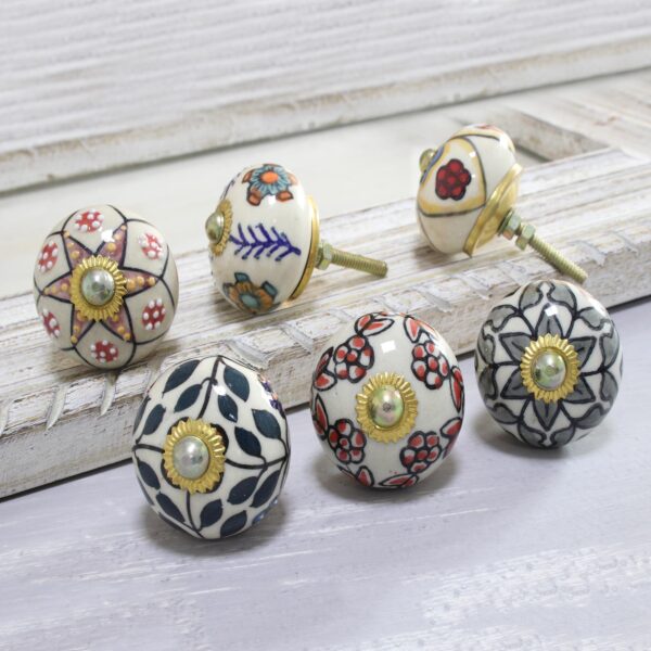 Colorful Floral Ceramic Knobs from India (Set of 6), 'Harmonious Flowers' Colorful Floral Ceramic Knobs from India (Set of 6), 'Harmonious Flowers'