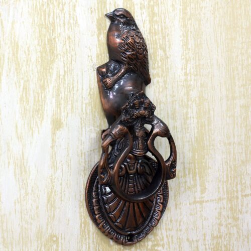 Copper Plated Brass Door Knocker Bird Shape from India, 'Avian Melody' Copper Plated Brass Door Knocker Bird Shape from India, 'Avian Melody'