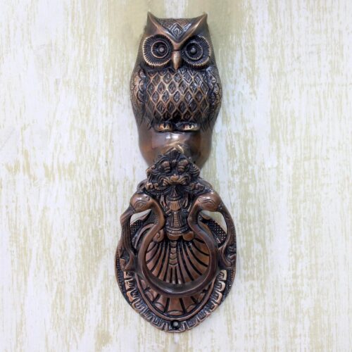 Copper Plated Brass Owl Door Knocker with Antique Look, 'Owl Arrival' Copper Plated Brass Owl Door Knocker with Antique Look, 'Owl Arrival'