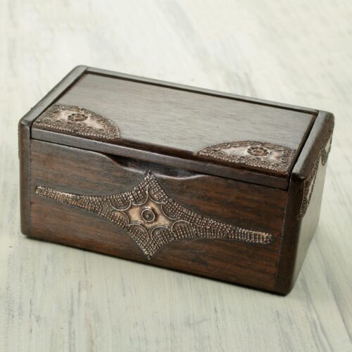 Decorative Wood Box with Aluminum from West Africa, 'Sika Korkoo Kwrabia in Brown' Decorative Wood Box with Aluminum from West Africa, 'Sika Korkoo Kwrabia in Brown'