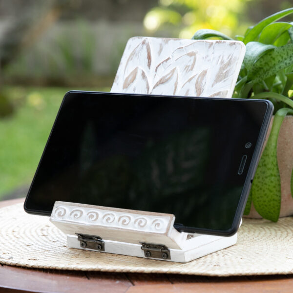 Distressed Wood Tablet Stand with Lotus Flower Motif, 'Magical Lotus'