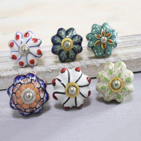 Floral Ceramic Knobs Crafted in India (Set of 6), 'Floral Homestead' Floral Ceramic Knobs Crafted in India (Set of 6), 'Floral Homestead'