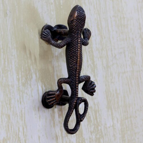 Gecko Door Handle in Antiqued Copper Plated Brass India, 'Gecko Passage' Gecko Door Handle in Antiqued Copper Plated Brass India, 'Gecko Passage'