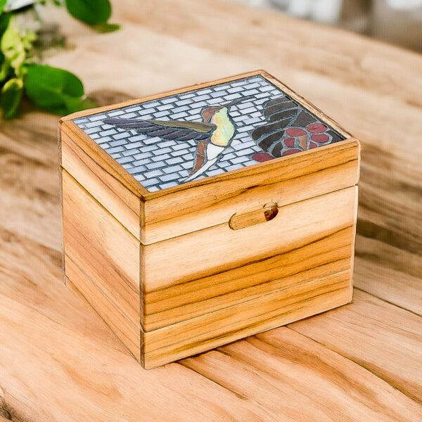 Glass Hummingbird Mosaic Teak Wood Decorative Box, 'Mosaically Majestic' Glass Hummingbird Mosaic Teak Wood Decorative Box, 'Mosaically Majestic'