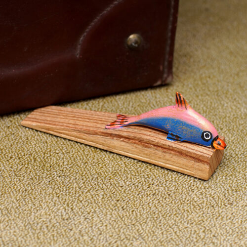 Hand-Carved and Hand-Painted Dolphin Wood Door Stopper, 'Delightful Dolphin'