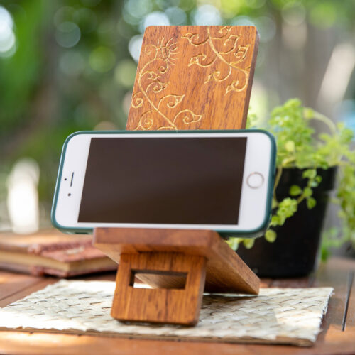 Hand-Carved and Painted Wood Phone Stand with Floral Motif, 'Glitter Flower'