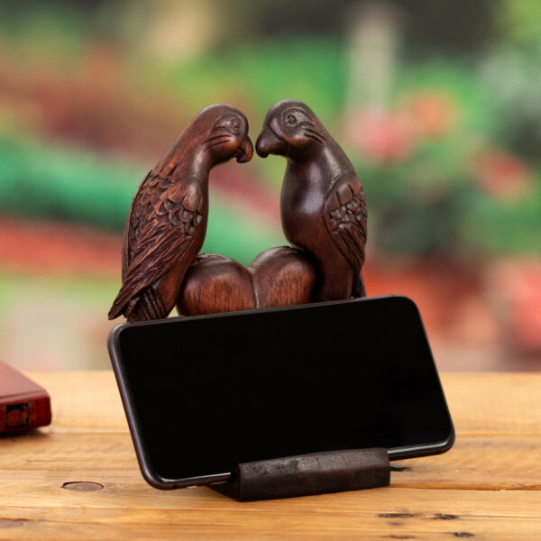 Hand-Carved Cedar Wood Phone Holder of Cockatoos in Love, 'Loving Cockatoos' Hand-Carved Cedar Wood Phone Holder of Cockatoos in Love, 'Loving Cockatoos'