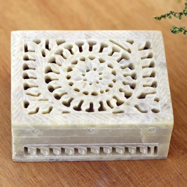 Hand Carved Decorative Soapstone Floral Box, 'Leaf and Vine' Hand Carved Decorative Soapstone Floral Box, 'Leaf and Vine'
