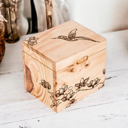 Hand-Carved Hummingbird-Themed Pinewood Decorative Box, 'Harmonious Traces' Hand-Carved Hummingbird-Themed Pinewood Decorative Box, 'Harmonious Traces'