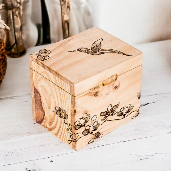 Hand-Carved Hummingbird-Themed Pinewood Decorative Box, 'Harmonious Traces'