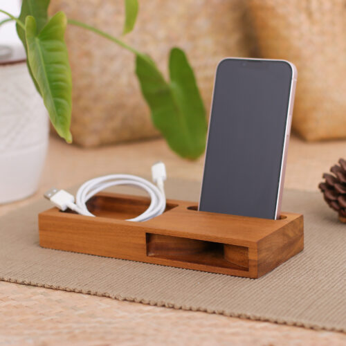 Hand-Carved Reclaimed Teakwood Phone Speaker and Compartment, 'Greatest Hits' Hand-Carved Reclaimed Teakwood Phone Speaker and Compartment, 'Greatest Hits'