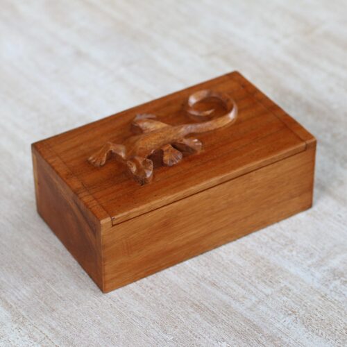 Hand Carved Suar Wood Box with Gecko Lid from Bali, 'Forest Gecko' Hand Carved Suar Wood Box with Gecko Lid from Bali, 'Forest Gecko'