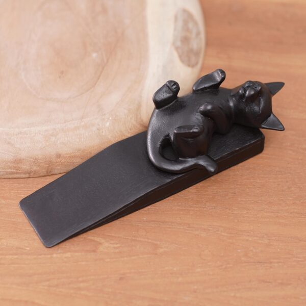 Hand-Carved Suar Wood Door Stop with Black Cat, 'Cheeky Black Cat' Hand-Carved Suar Wood Door Stop with Black Cat, 'Cheeky Black Cat'
