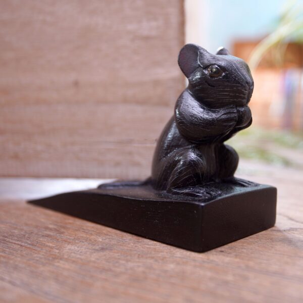 Hand Carved Suar Wood Mouse Door Stopper in Black from Bali, 'Charming Mouse in Black' Hand Carved Suar Wood Mouse Door Stopper in Black from Bali, 'Charming Mouse in Black'