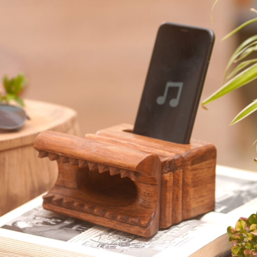 Hand Carved Wood Phone Speakers from Bali, 'Echo Within' Hand Carved Wood Phone Speakers from Bali, 'Echo Within'