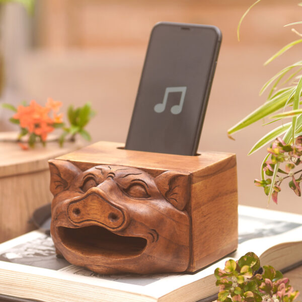 Hand Carved Wood Phone Speakers with Pig Motif, 'Sing Your Life' Hand Carved Wood Phone Speakers with Pig Motif, 'Sing Your Life'