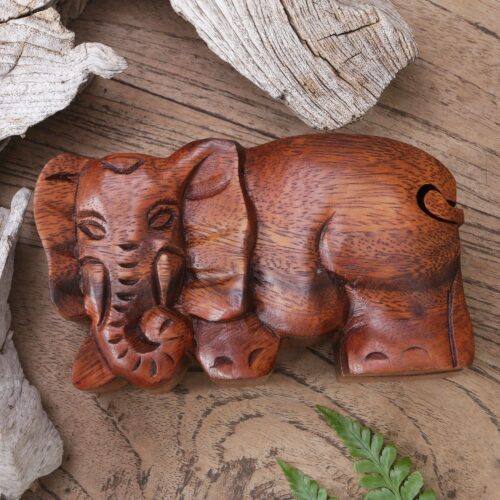 Hand Carved Wood Puzzle Box Elephant Shape from Indonesia, 'Staring Elephant' Hand Carved Wood Puzzle Box Elephant Shape from Indonesia, 'Staring Elephant'