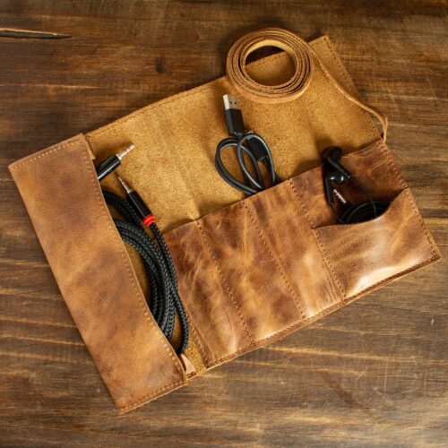 Hand Crafted Genuine Brown Leather Pen and Cable Organizer, 'Saddle Tech' Hand Crafted Genuine Brown Leather Pen and Cable Organizer, 'Saddle Tech'