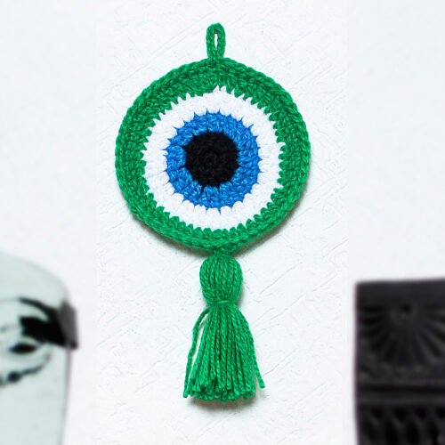 Hand Crocheted Evil Eye Accent, 'See No Evil in Green' Hand Crocheted Evil Eye Accent, 'See No Evil in Green'