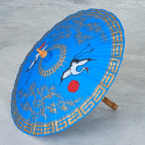 Hand-Painted Blue Crane-Motif Cotton Parasol, 'Happy Cranes in Light Blue'