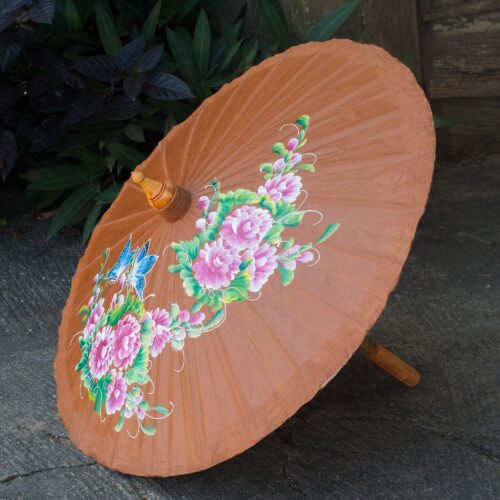 Hand-painted Cotton and Bamboo Parasol, 'Blossoming Lanna in Brown'