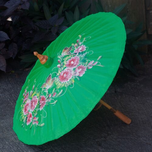 Hand-painted Cotton and Bamboo Parasol, 'Blossoming Lanna in Green'
