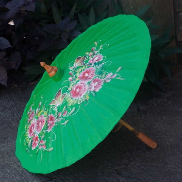 Hand-painted Cotton and Bamboo Parasol, 'Blossoming Lanna in Green' Hand-painted Cotton and Bamboo Parasol, 'Blossoming Lanna in Green'