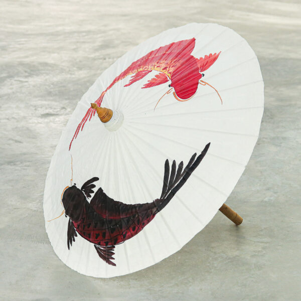 Hand-Painted Cotton and Bamboo Thai Parasol with Fish Motif, 'Charming Couple' Hand-Painted Cotton and Bamboo Thai Parasol with Fish Motif, 'Charming Couple'