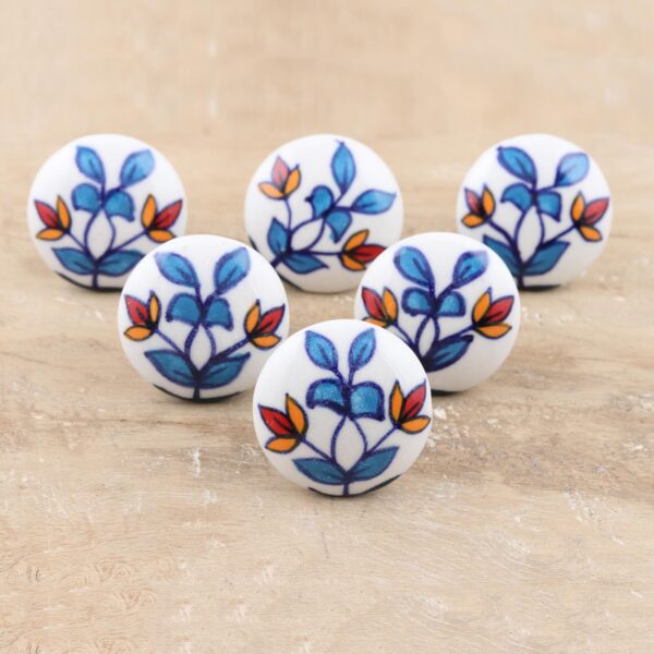 Hand-Painted Leaf-Motif Ceramic Knobs (Set of 6), 'Cheerful Leaves' Hand-Painted Leaf-Motif Ceramic Knobs (Set of 6), 'Cheerful Leaves'